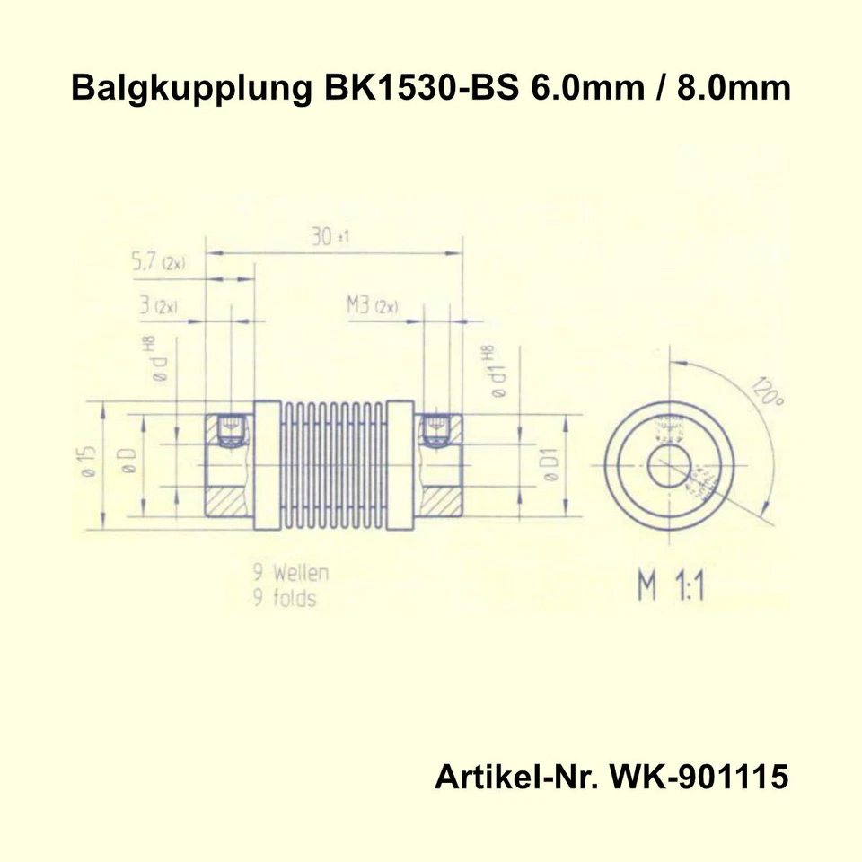 TBS Metallbalgkupplung BK1530-BS | Bohrung d=6,0mm / d1=8,0mm | Made in Germany