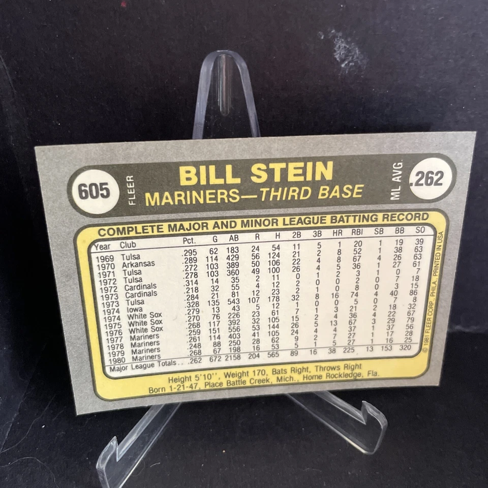 1981 Fleer AA Bill Stein #605 Seattle Mariners - Image 4 of 4