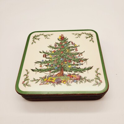 Vintage Spode Christmas Tree Coasters Pimpernel Set of Cork Backed 4X4 