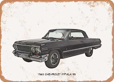 Classic Car Art - 1963 Chevy Impala SS Pencil Sketch - Rusty Look Metal Sign