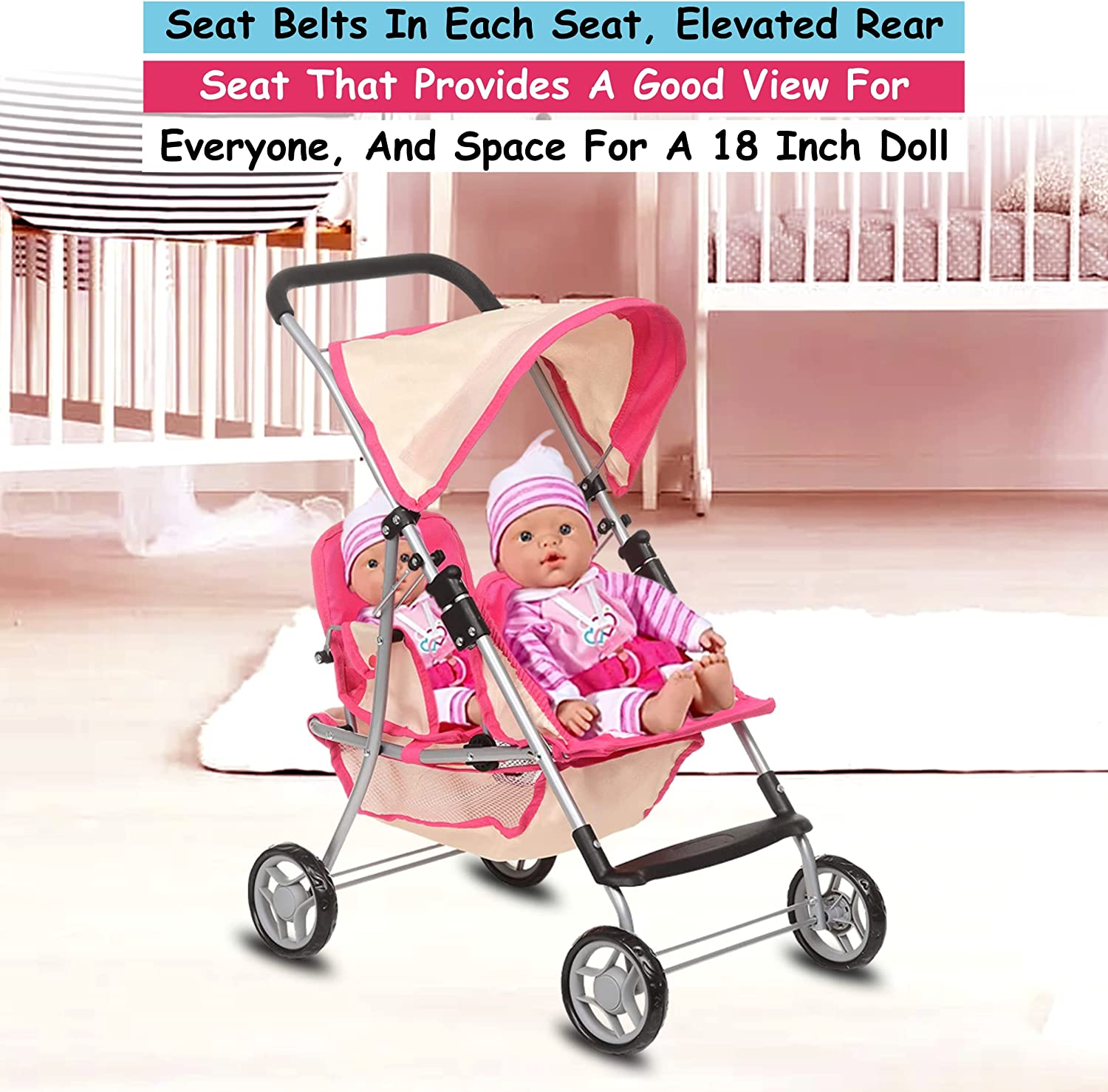 , Twin Doll Double Stroller Pink & OffWhite Design Easy to Fold