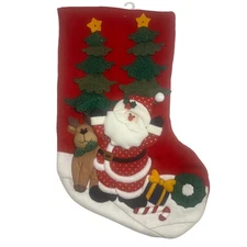 American Home Classics Red 3D Christmas Stocking Santa Reindeer Xmas Trees NWT