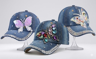 Hand-Crafted Sparkling Rhinestone Butterfly Denim Baseball Cap Luxury Bling Hat