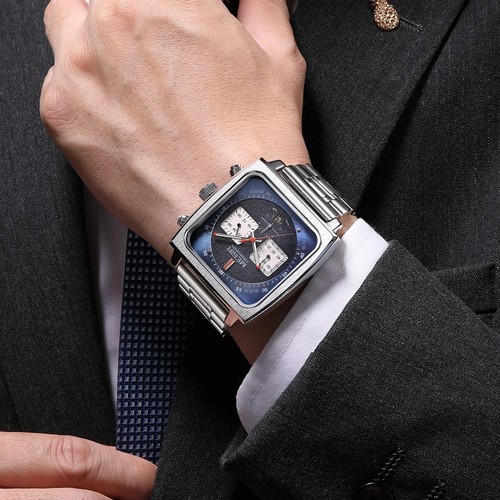 MEGIR Monaco Chronograph Calibre 12 Men's Luxury Quartz Steel Strap Watch BLUE - Picture 4 of 8