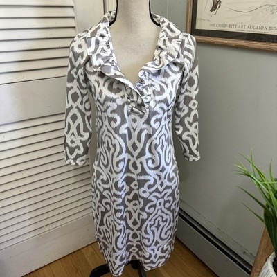 Gretchen Scott Dress Small Gray Arabesque Shift Ruffle RuffNeck Preppy Coastal