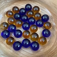Set Of 14 Amber  15 Cobalt Blue Glass Marbles Shooter 1"