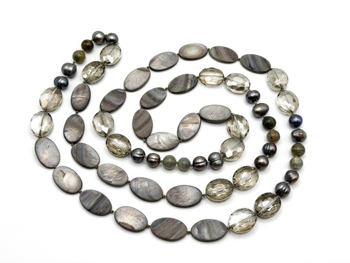 Vintage Hand-Knotted Grey Mother of Pearl, Tahitian Pearl & Glass Long Necklace