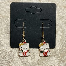 Hello Kitty Christmas Winter Enamel Gold Drop Dangle Adorable Earring Set