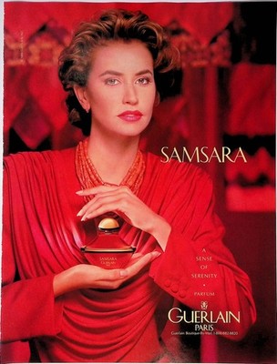 1989 Guerlain Samsara Perfume Woman Red Dress Vintage Print Ad Mirabella Dec