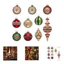 Valery Madelyn Glass Christmas Ornaments Set 10Ct Medium Red Green Gold Mercury