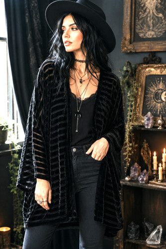 Black Velvet Burnout Stripe Kimono Cardigan Women’s OS Sheer Boho Witchy Duster