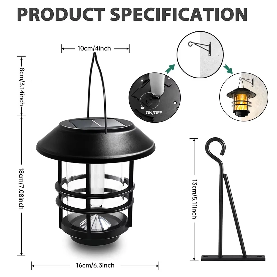 Solar Hanging Flickering Flames LED Lantern Outdoor Decorative Lights Porch Lamp - Image 2 of 4