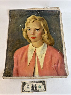 1950s Original H.D. Becker Young Blonde Female Portrait on Canvas Dated 1952