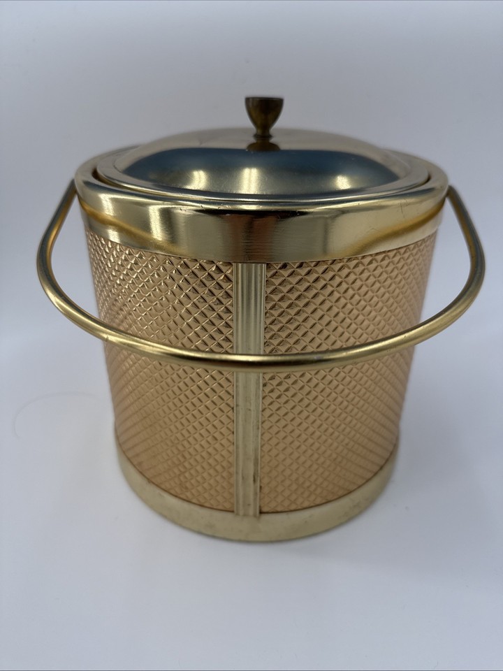 Vintage 1960's Midcentury Italian Gold Diamond Weave Metal Ice Bucket