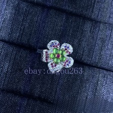 Certified natural A-grade jadeite Green Pearl flowers 925 silver inlaid ring