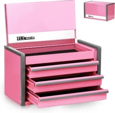 P.I.T. Mini Pink Tool Box, Portable 3 Drawer Steel Stackable 3-Drawer, 