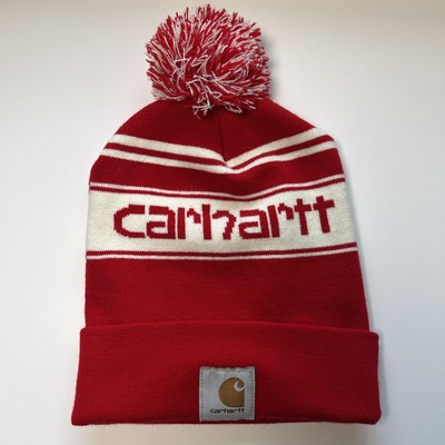 Carhartt Knit Pom Pom Cuffed Beanie Stocking Cap Winter Hat Red/White One  Size