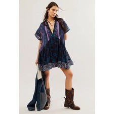 Free People Mixed Floral Paisley Babydoll Mini Dress Teal Purple XS OB711017
