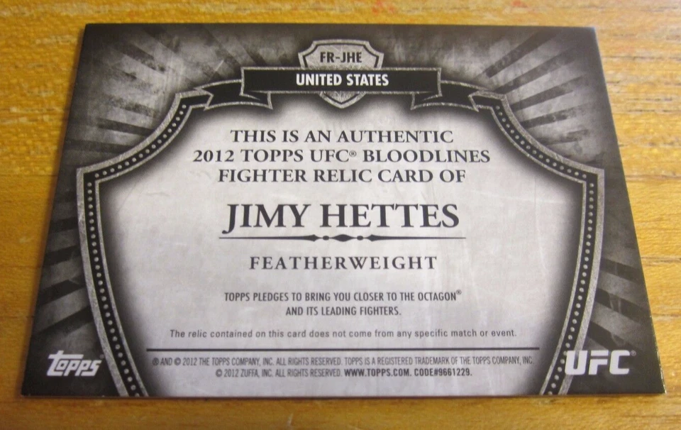 Jimy Hettes 2012 Topps UFC Bloodlines Fighter Relics #FRJHE #'d 121/188 Card MMA - Image 2 of 2