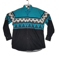 Vtg Roper Turquoise Black Southwestern Shirt Western Cowboy Brushpopper Sz LARGE