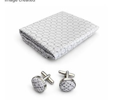 Hi-Tie Men's Collection Matching Pocket Square  Silver Tone Cufflinks Gray Silk