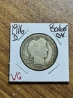 1916 D Barber Silver Quarter VG Very Good Better Date U.S. 25c Coin (Raw14626)