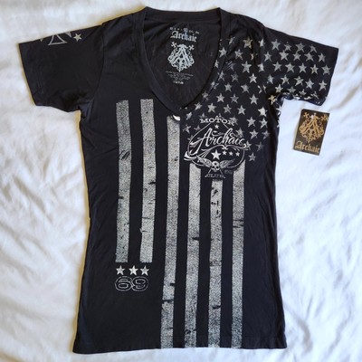Archaic by Affliction Nation Women's XL Black Y2K Biker Skulls Graphic T-Shirt