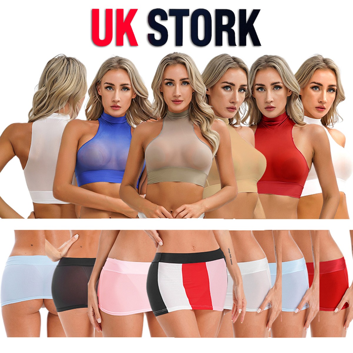 UK Womens Glossy Crop Tops Pencil Mini Skirt Sheer See Through Vest Tops  Party | eBay UK
