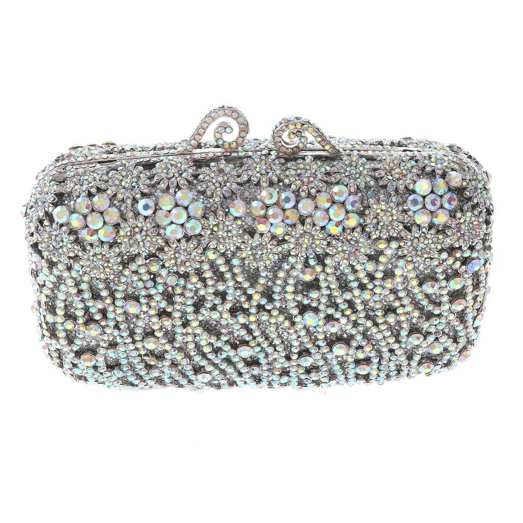 Silver Tone Metal Rhinestone Crystal Clutch Evening Bag HB6133-SAB