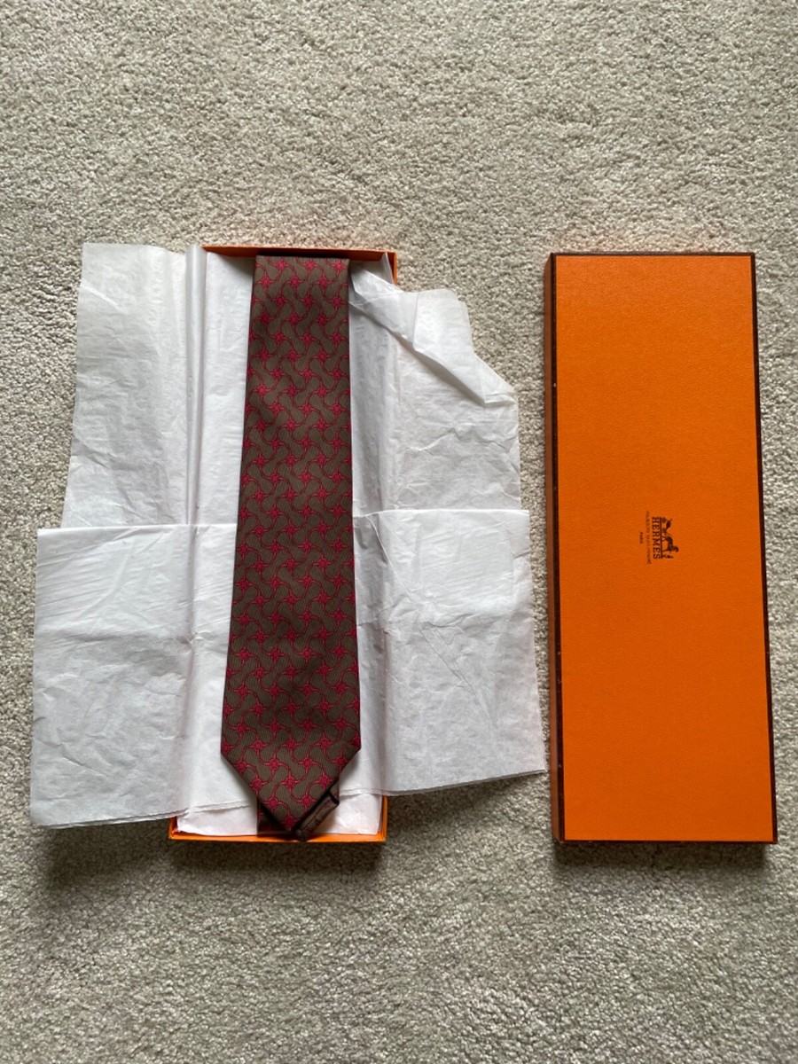 Hermes Paris Mens Tie - 100% Silk - Olive/Red Patter - 965 SA | eBay