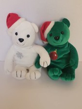 Two Christmas Plush Bears Wearing Santa Hats One white, One Green 12"T