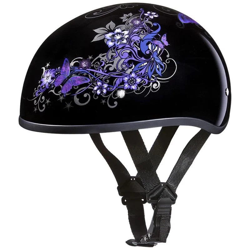 Daytona Skull Cap Purple Butterfly Half Helmet Womens Quick Release DOT 2XS 2XL