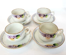 Vintage Hand Painted Cup & Saucers with Flowers Gold Rim Made in Japan Set of 4