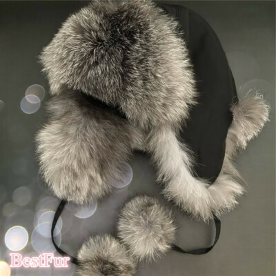 Real Silver Fox Fur Hats Russian Ushanka Winter Aviator Trapper