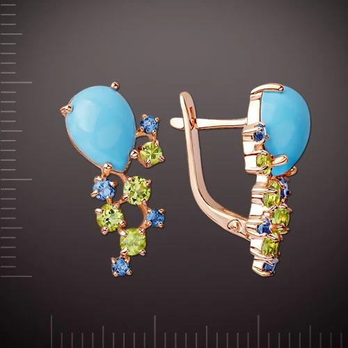 Russische Rose Rotgold 585  Ohrringe mit Türkis & Topas Chrisolyth NEU Glänzend - Bild 3 von 3