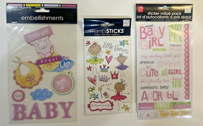 (3) Sweet BABY GIRL Glitter Stickers Value Pack Baby Phrases Me And My Big Ideas