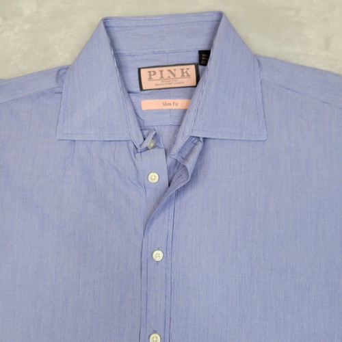 Thomas Pink Shirt Men 15.5/39cm Slim Fit Dress Oxford Suit Pinstriped Blue Adult - Picture 2 of 7