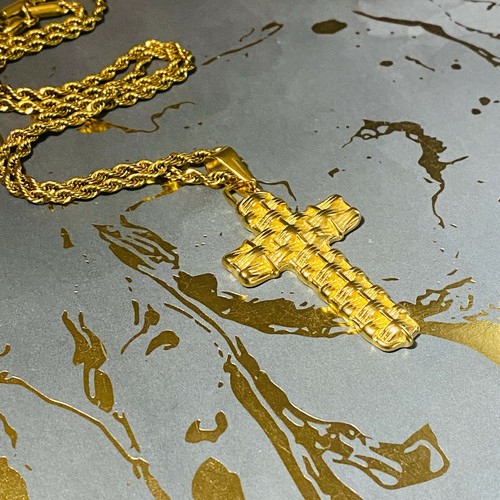 Gold Finish Woven Cross Pendant Necklace with Rope Chain 16-24 Inch Perfect Gift - Picture 5 of 8