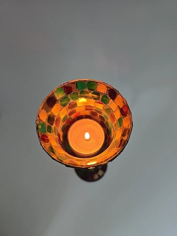 Vintage Footed Mosaic Glass Stained Tile Tee Light Candle Holder - Image 3 of 4
