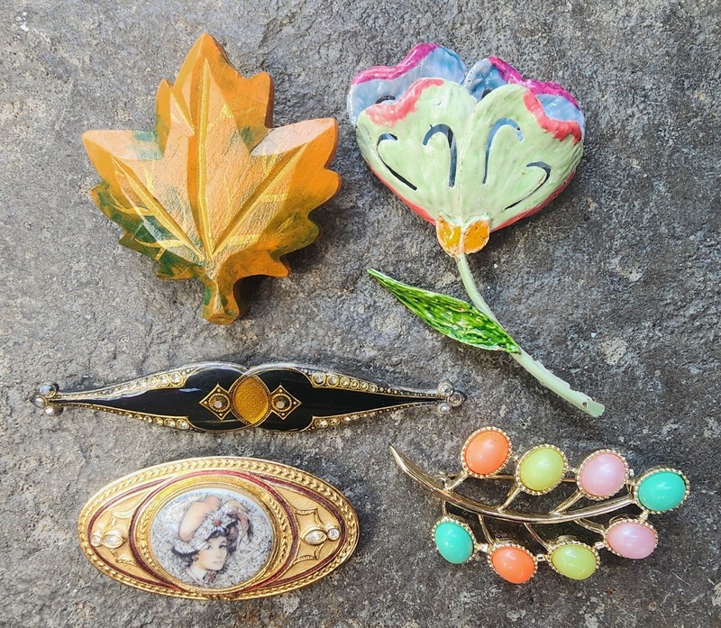 Vintage Sarah Coventry Brooch, Candy Land, 1973, Plus 4 Other Vintage Pins.