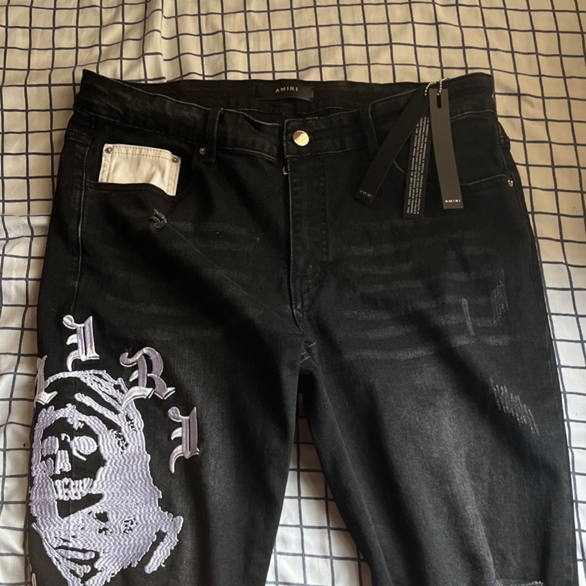 AMIRI Black Skull Graphic Distressed Denim Jeans Straight Style