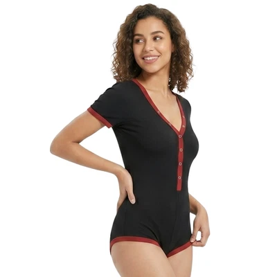 Body Femme Manches Courtes Col En V Noir Rouge Cramoisi Élastique M - Photo 1/4
