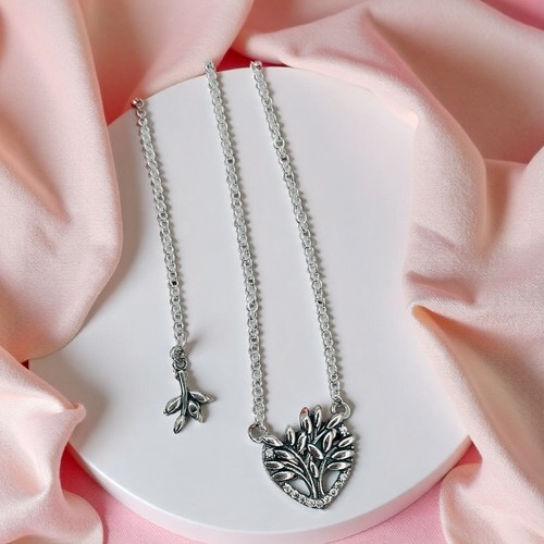 Silver Heart Family Tree Collier Necklace, Heart Shape Pendant, Adjustable Chain
