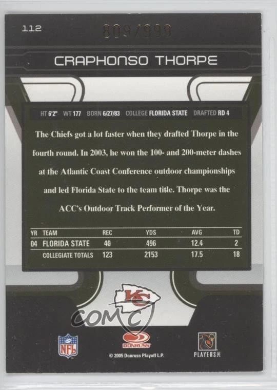 2005 Donruss Zenith Rookie /999 Craphonso Thorpe #112 Rookie RC - Image 2 of 2