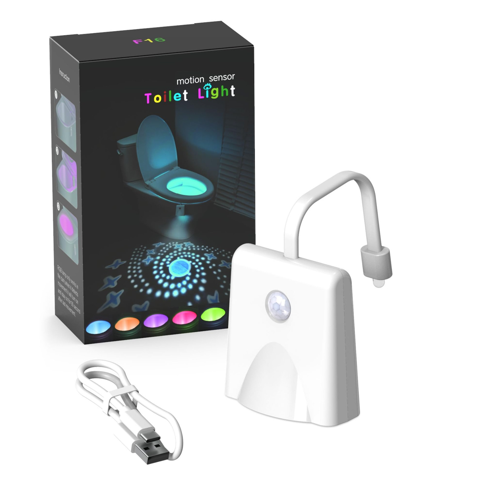 USB Rechargeable 16-Color Changing LED Toilet Night Light with Motion Sensor