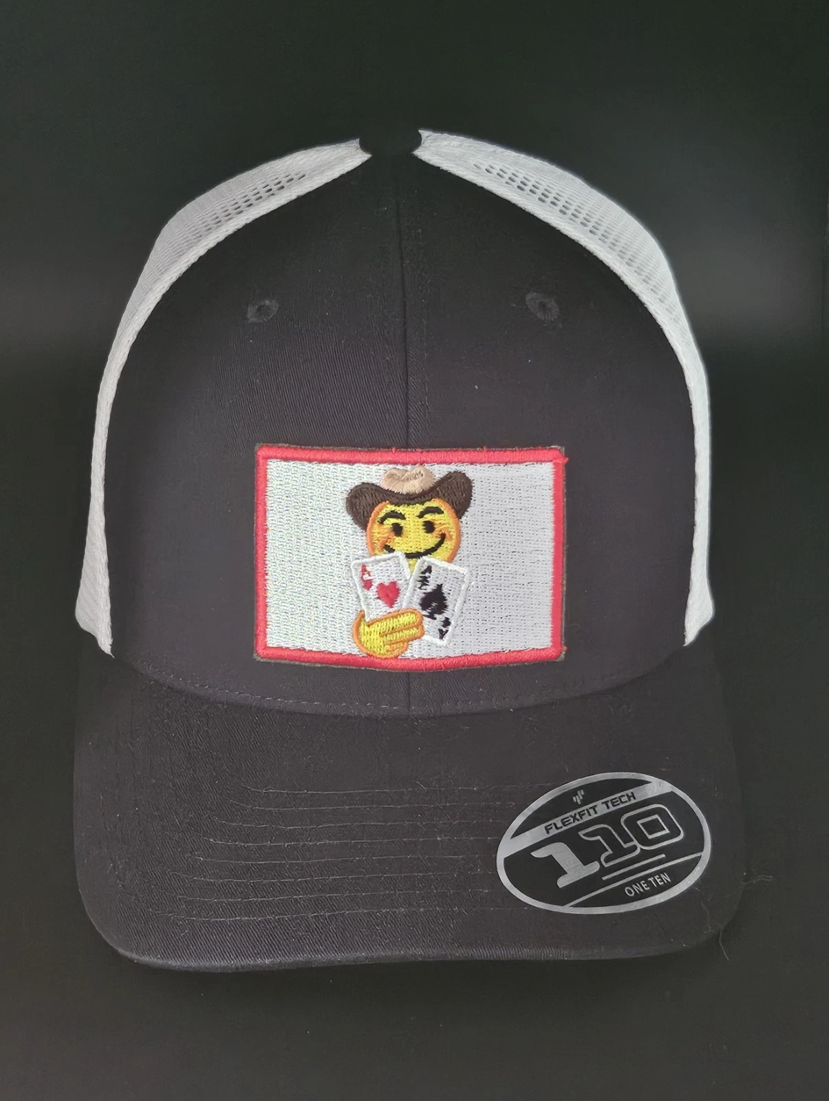 Poker Smiley Face. FLEXFIT 110M Mesh Back,TRUCKER hat, Pair Aces, CUSTOM. All IN
Opens in a new wind