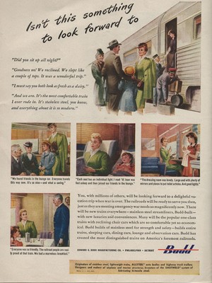 Vintage 1945 Budd Railroads Print Ad Promoting Train Travel Illustrated