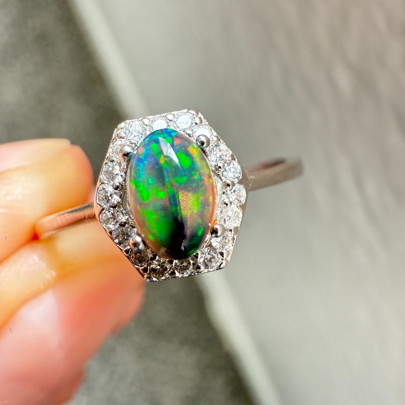 925 Sterling Silver Ring 6x4mm Natural Black Opal Gemstone Zircon Handmade Gift