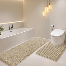 2 PCS Luxury Beige Toilet Bathroom Rug Mat U Shape Non Slip 24x20 48x20 Inch