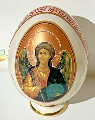 Vintage Painted Russian Orthodox Porcelain Easter Egg Archangel Michael
